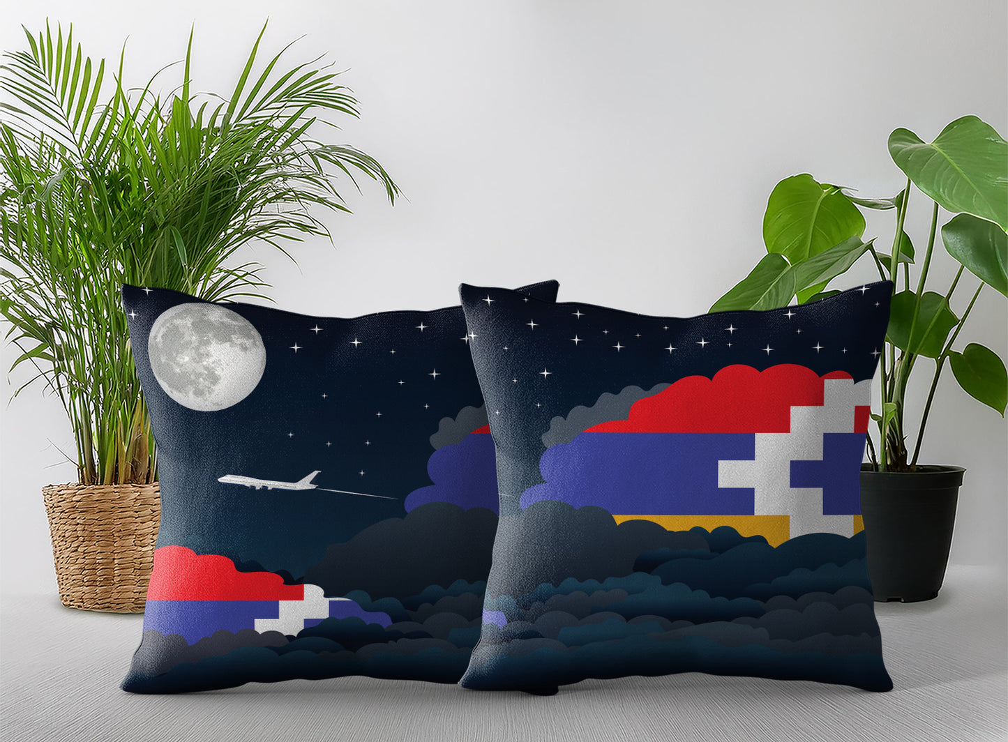 Nagorno Karabakh Republic World Airplane Night Clouds Square & Rectangle Pillow Cases | Aviation Night Sky Pillow Covers