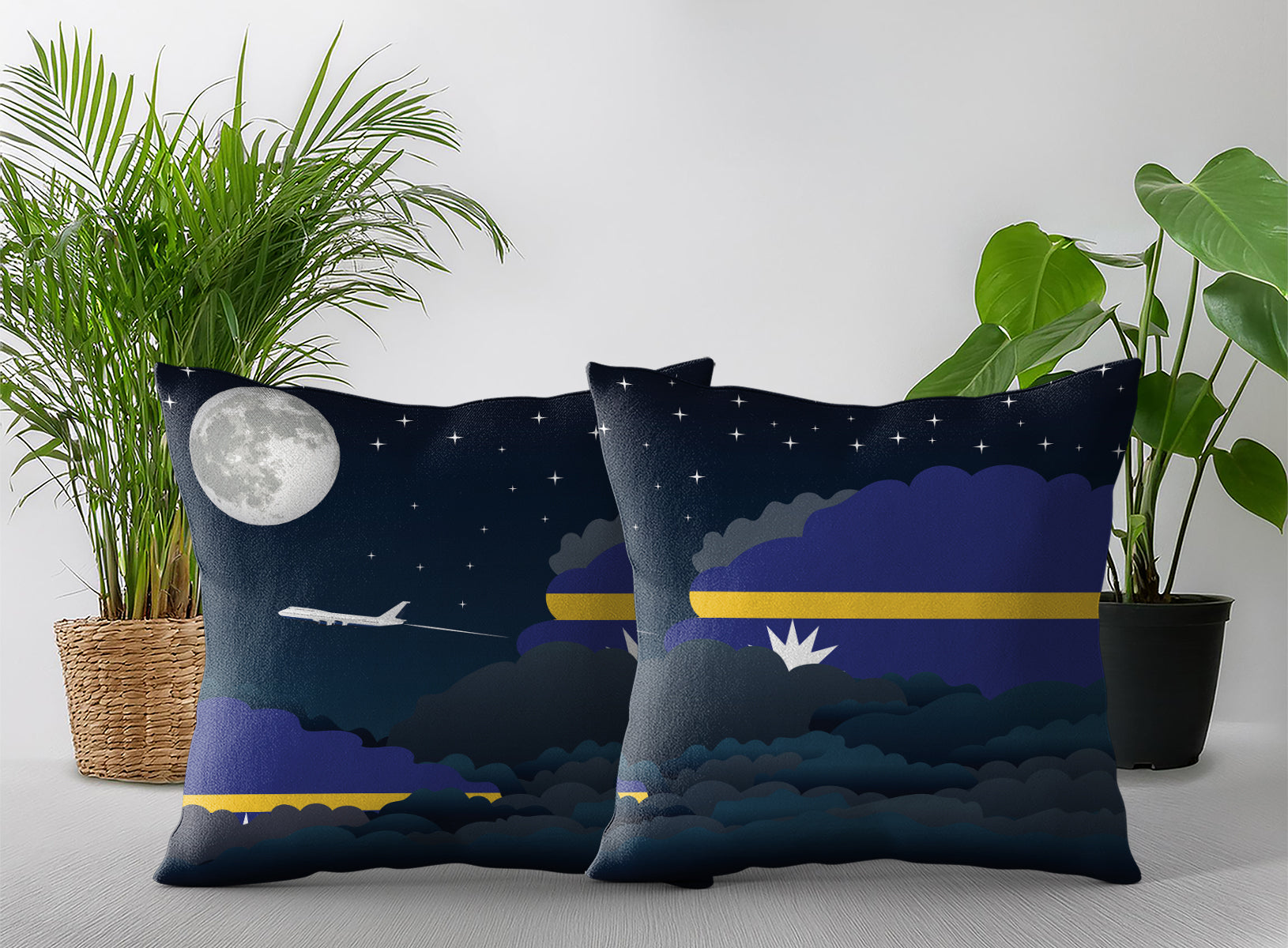 Nauru World Airplane Night Clouds Square & Rectangle Pillow Cases | Aviation Night Sky Pillow Covers