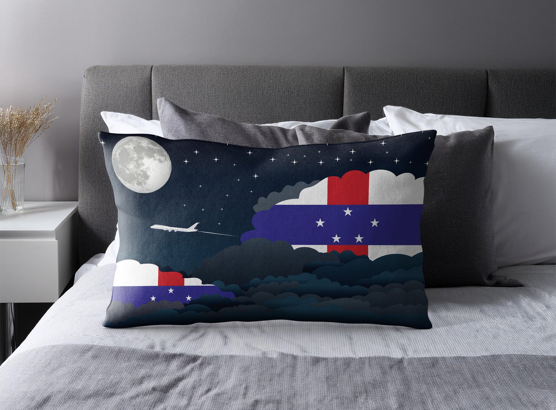 Netherlands Antilles World Airplane Night Clouds Square & Rectangle Pillow Cases | Aviation Night Sky Pillow Covers