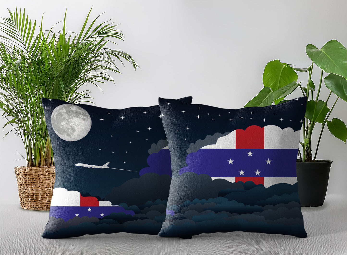 Netherlands Antilles World Airplane Night Clouds Square & Rectangle Pillow Cases | Aviation Night Sky Pillow Covers