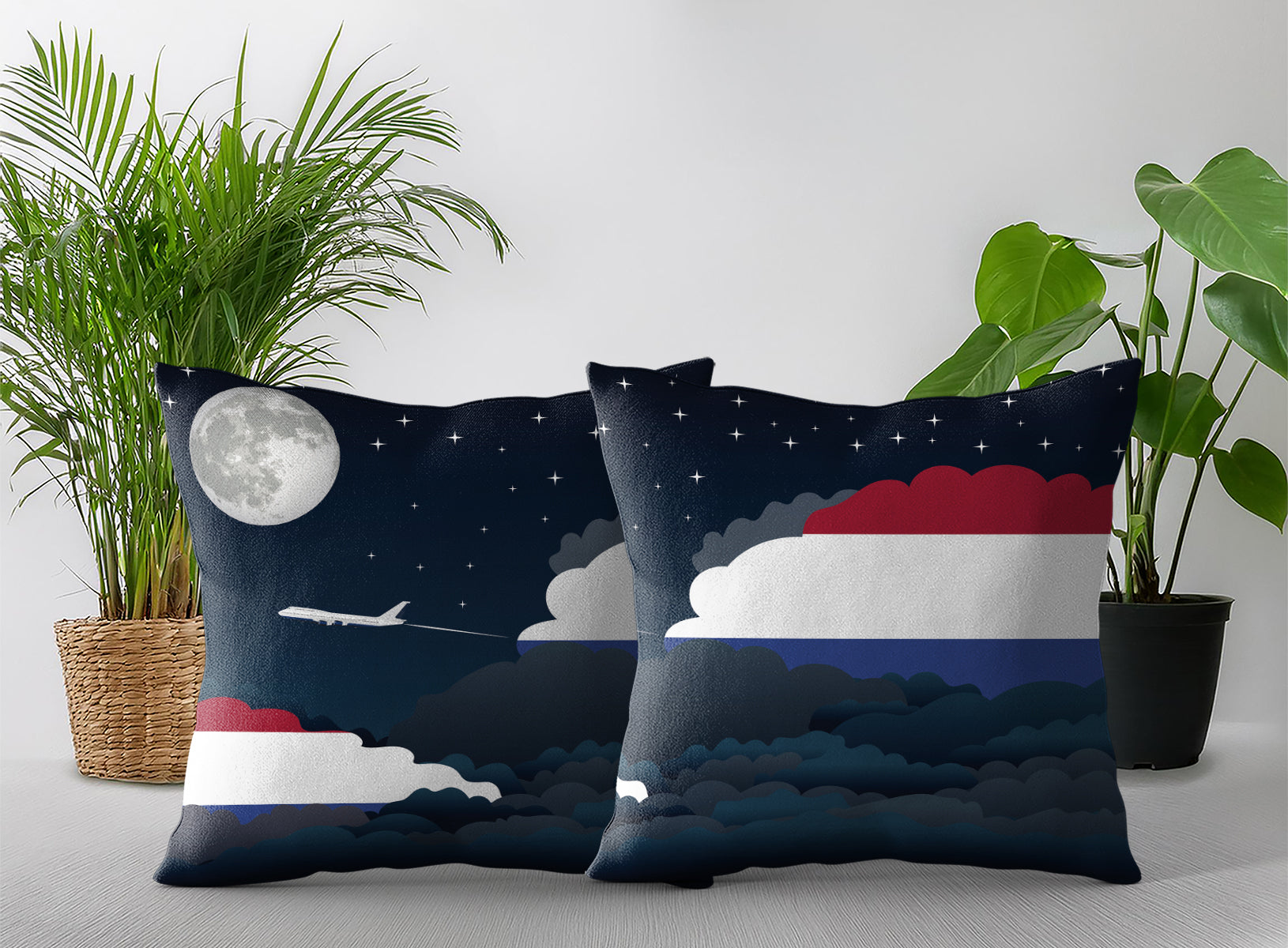 Netherlands World Airplane Night Clouds Square & Rectangle Pillow Cases | Aviation Night Sky Pillow Covers