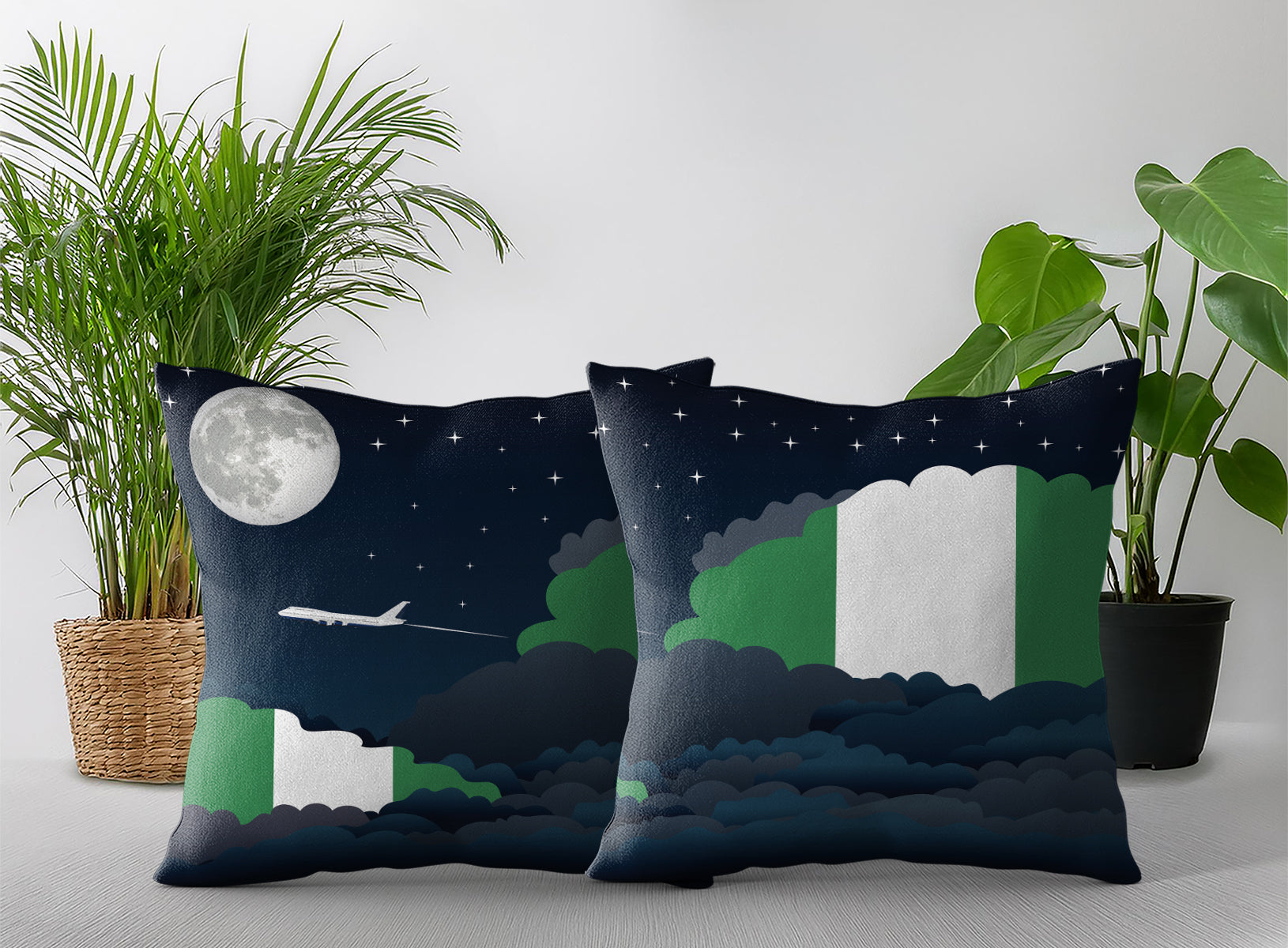 Nigeria World Airplane Night Clouds Square & Rectangle Pillow Cases | Aviation Night Sky Pillow Covers