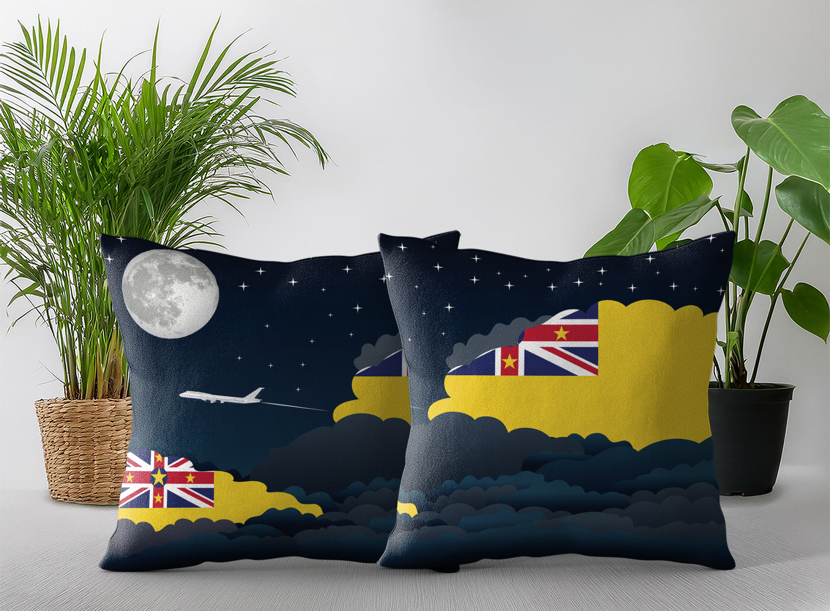 Niue World Airplane Night Clouds Square & Rectangle Pillow Cases | Aviation Night Sky Pillow Covers