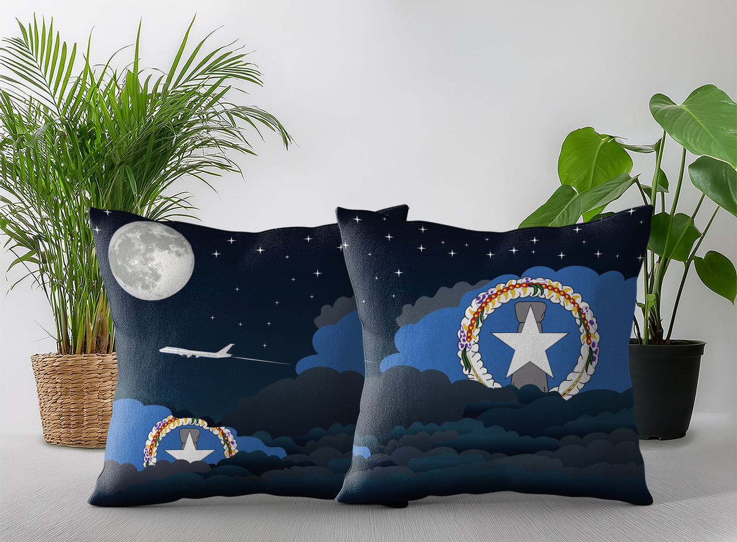 Northern Mariana Islands World Airplane Night Clouds Square & Rectangle Pillow Cases | Aviation Night Sky Pillow Covers