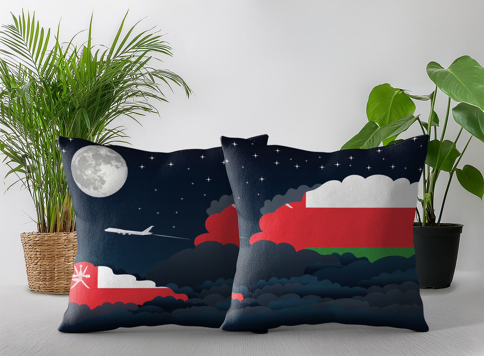 Oman World Airplane Night Clouds Square & Rectangle Pillow Cases | Aviation Night Sky Pillow Covers
