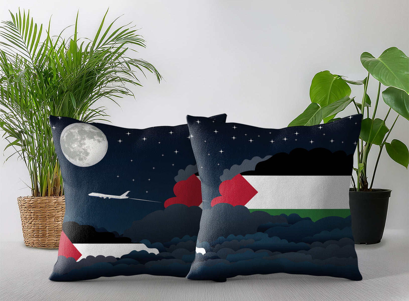 Palestine World Airplane Night Clouds Square & Rectangle Pillow Cases | Aviation Night Sky Pillow Covers