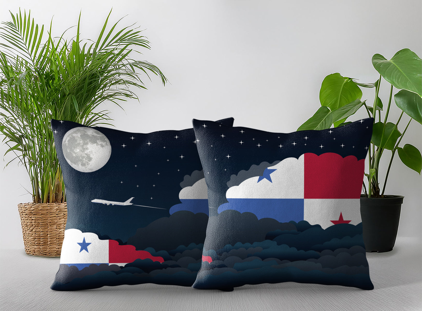 Panama World Airplane Night Clouds Square & Rectangle Pillow Cases | Aviation Night Sky Pillow Covers