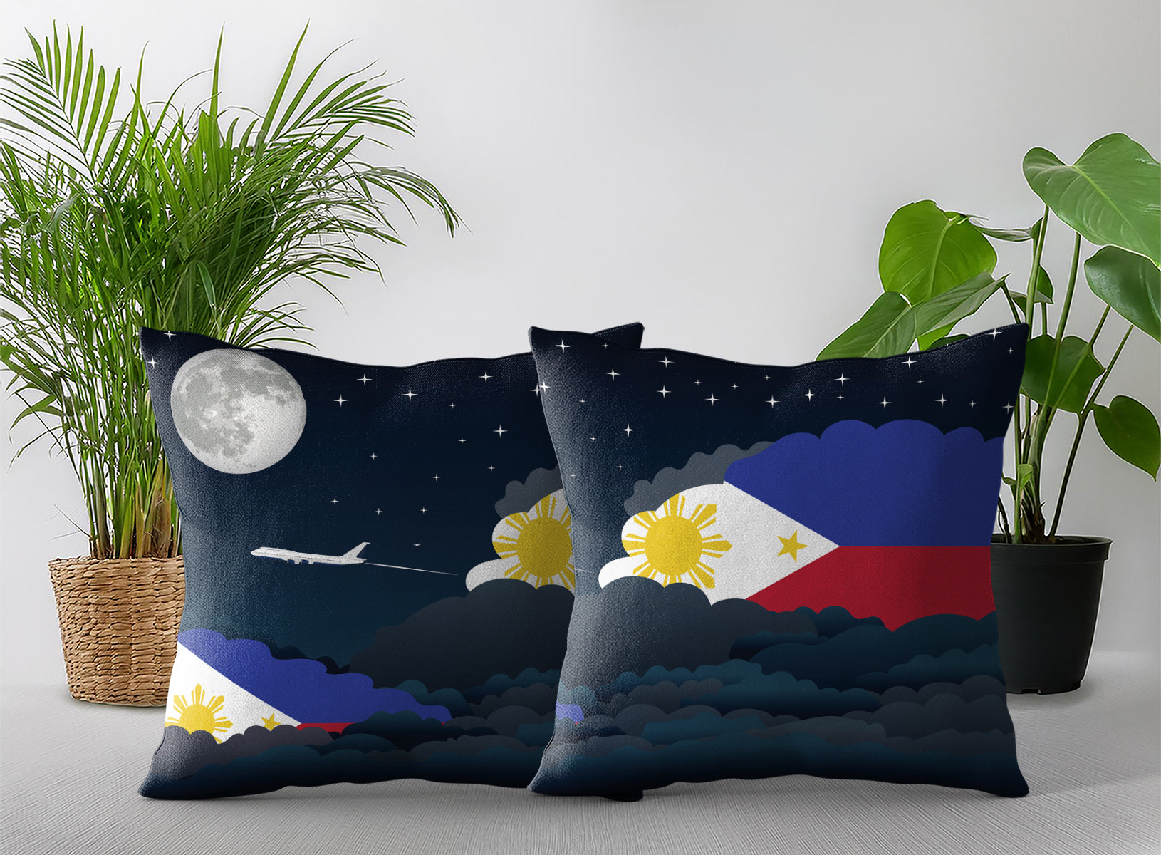 Philippines World Airplane Night Clouds Square & Rectangle Pillow Cases | Aviation Night Sky Pillow Covers