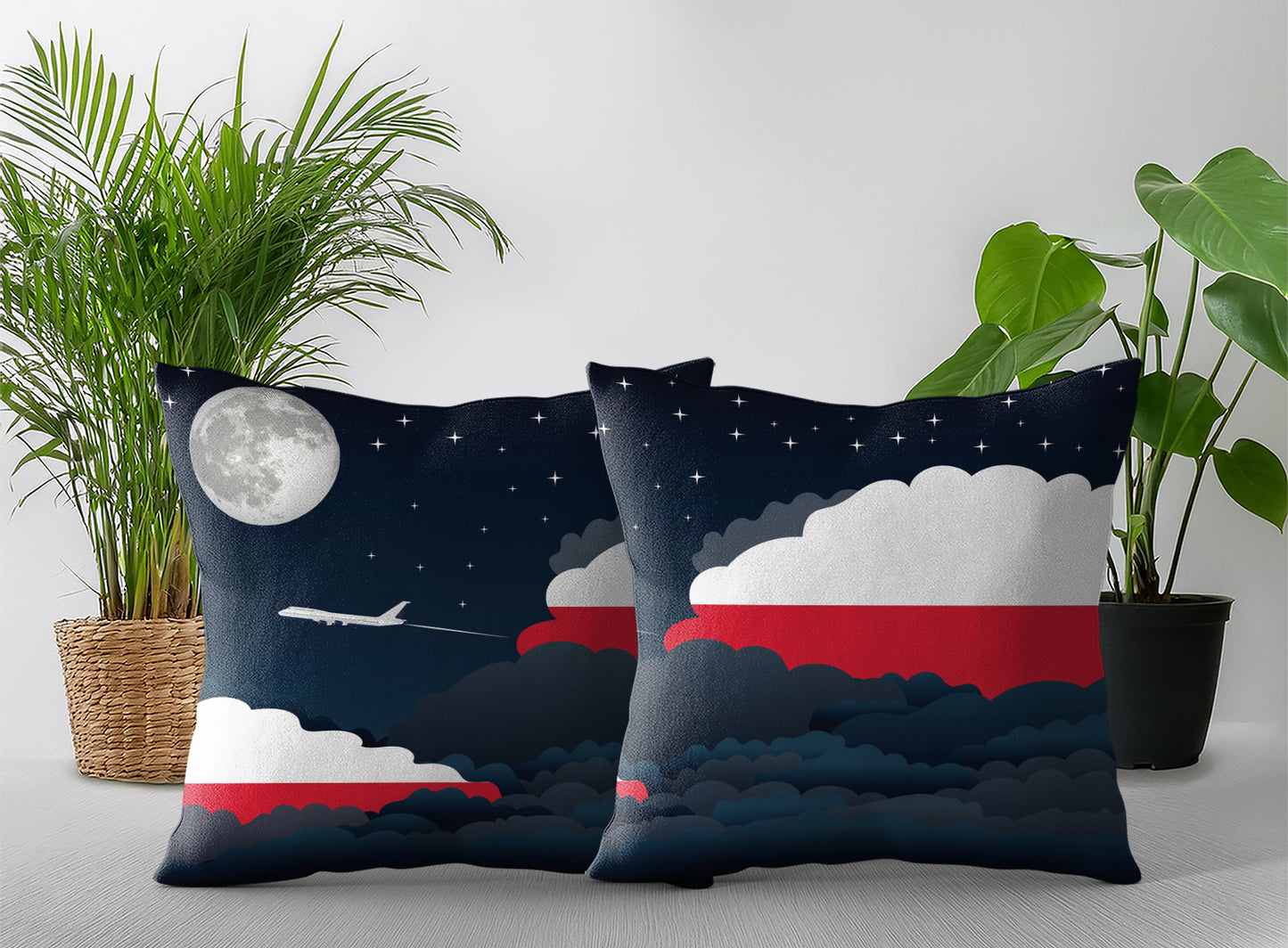 Poland World Airplane Night Clouds Square & Rectangle Pillow Cases | Aviation Night Sky Pillow Covers