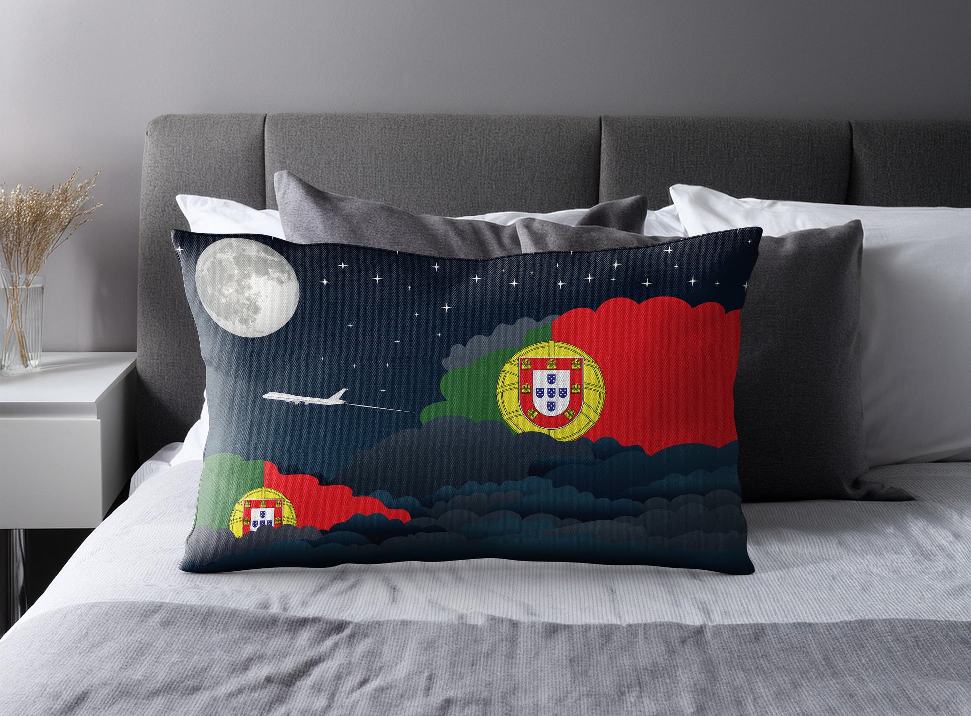 Portugal World Airplane Night Clouds Square & Rectangle Pillow Cases | Aviation Night Sky Pillow Covers