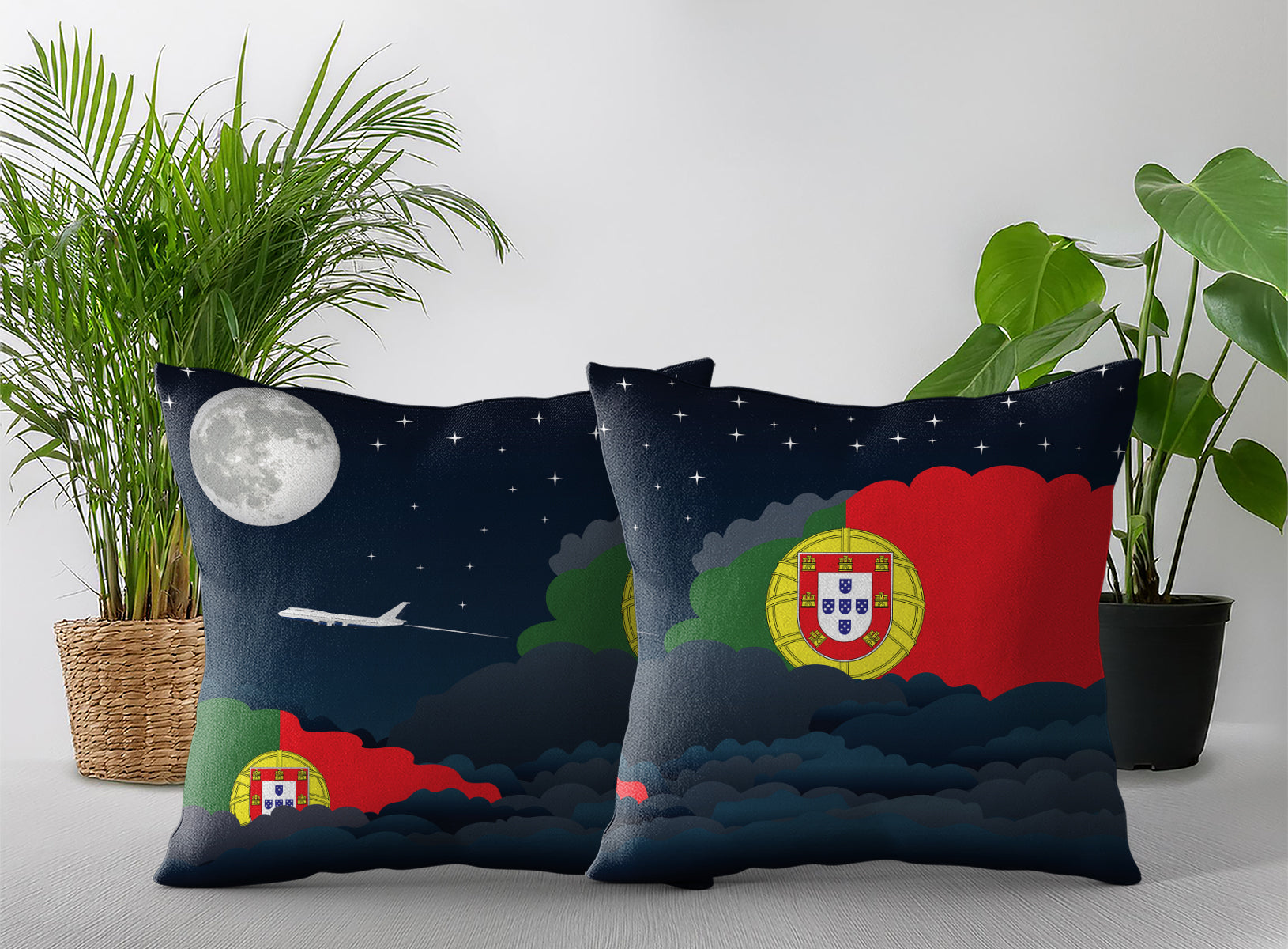 Portugal World Airplane Night Clouds Square & Rectangle Pillow Cases | Aviation Night Sky Pillow Covers