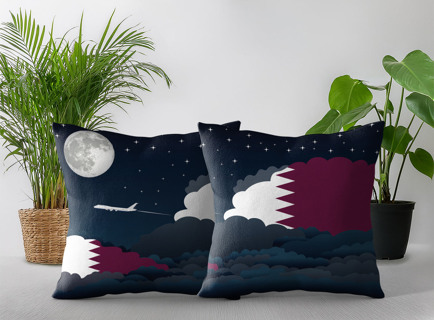 Qatar World Airplane Night Clouds Square & Rectangle Pillow Cases | Aviation Night Sky Pillow Covers
