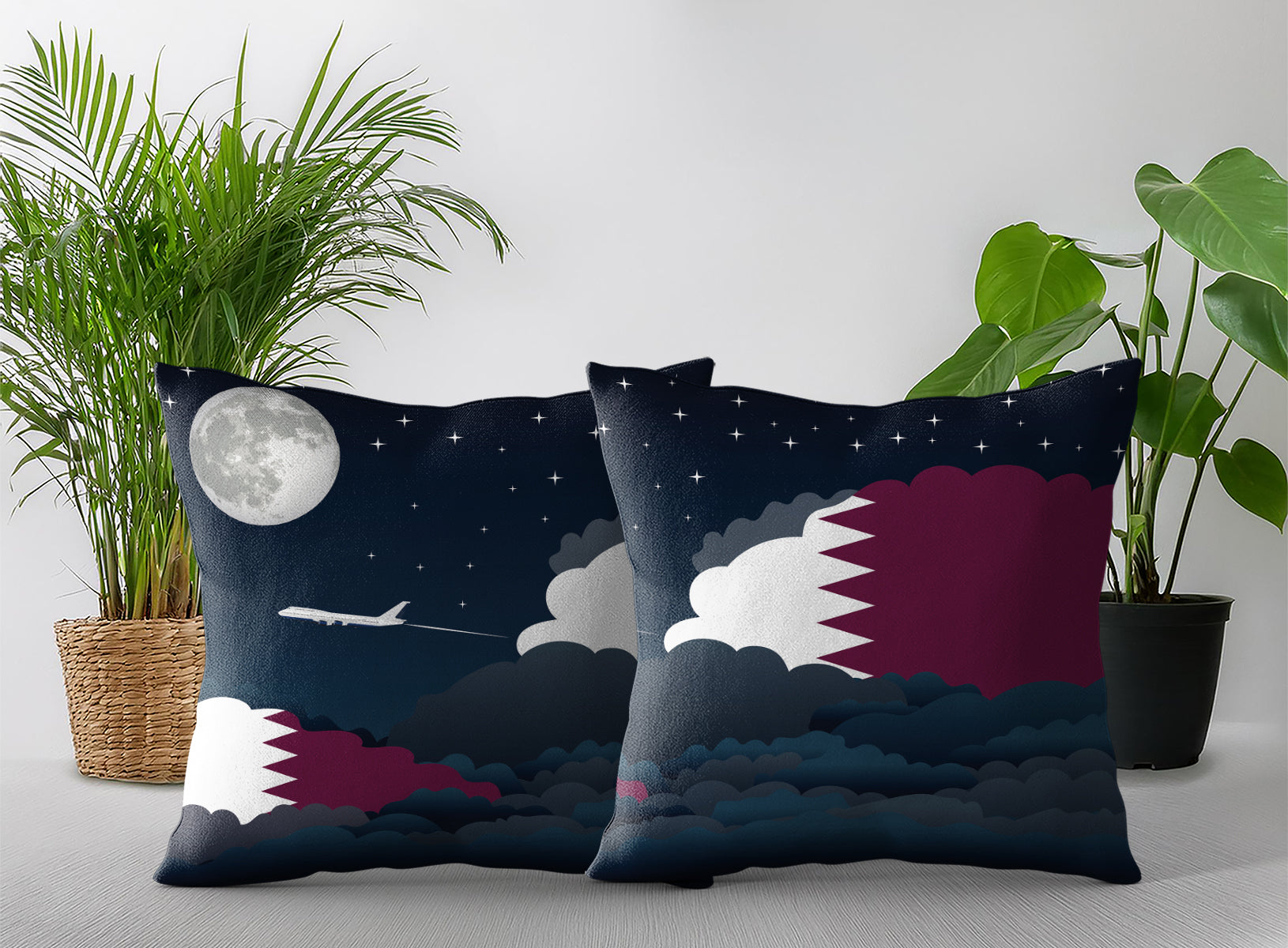 Qatar World Airplane Night Clouds Square & Rectangle Pillow Cases | Aviation Night Sky Pillow Covers