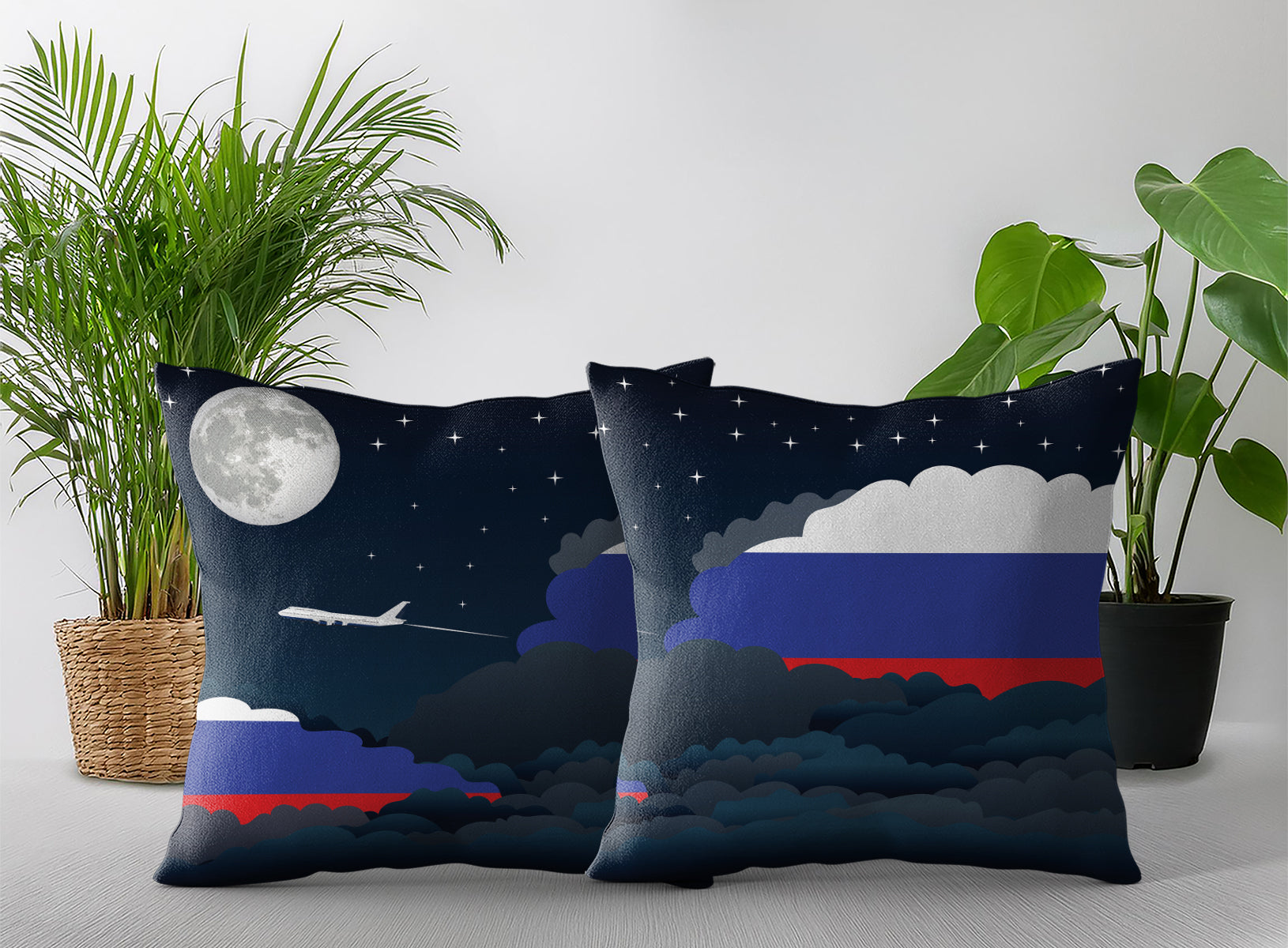 Russia World Airplane Night Clouds Square & Rectangle Pillow Cases | Aviation Night Sky Pillow Covers