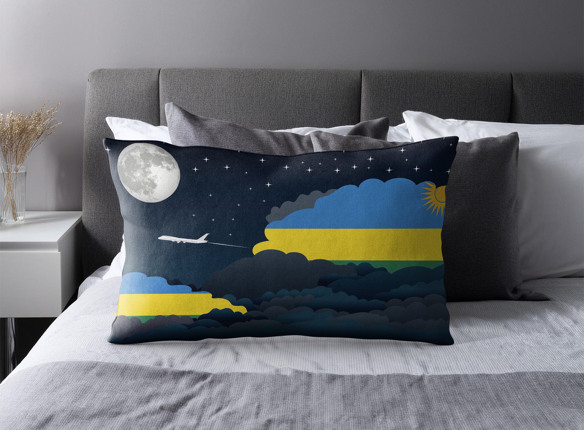 Rwanda World Airplane Night Clouds Square & Rectangle Pillow Cases | Aviation Night Sky Pillow Covers