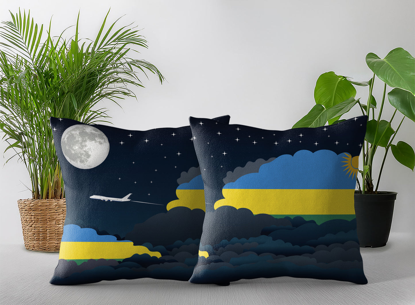 Rwanda World Airplane Night Clouds Square & Rectangle Pillow Cases | Aviation Night Sky Pillow Covers