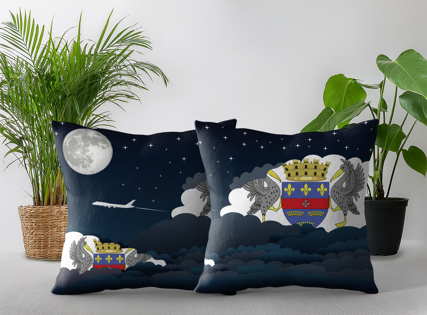 Saint Barthelemy World Airplane Night Clouds Square & Rectangle Pillow Cases | Aviation Night Sky Pillow Covers