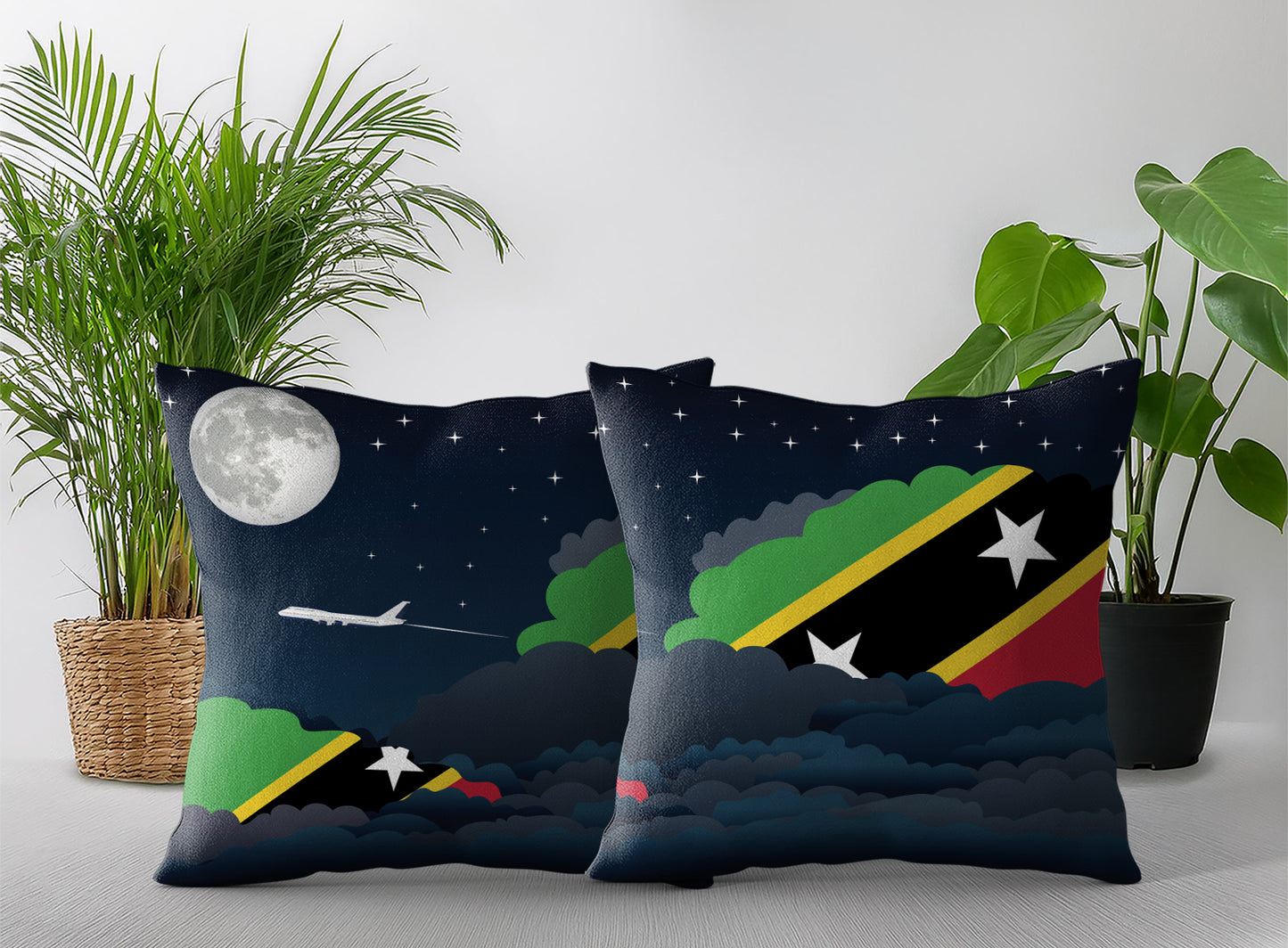Saint Kitts Case and Nevis World Airplane Night Clouds Square & Rectangle Pillow Cases | Aviation Night Sky Pillow Covers