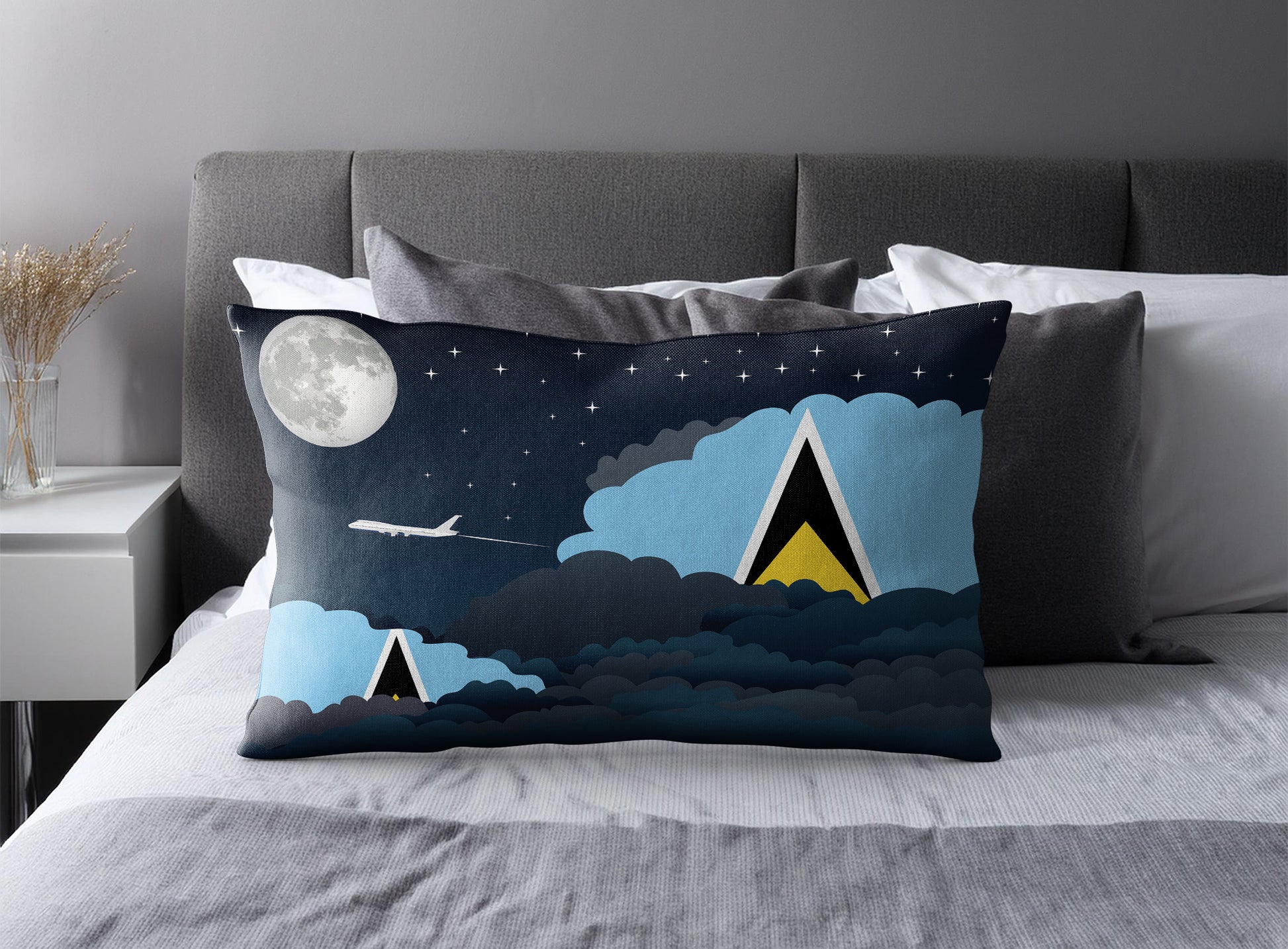 Saint Lucia World Airplane Night Clouds Square & Rectangle Pillow Cases | Aviation Night Sky Pillow Covers