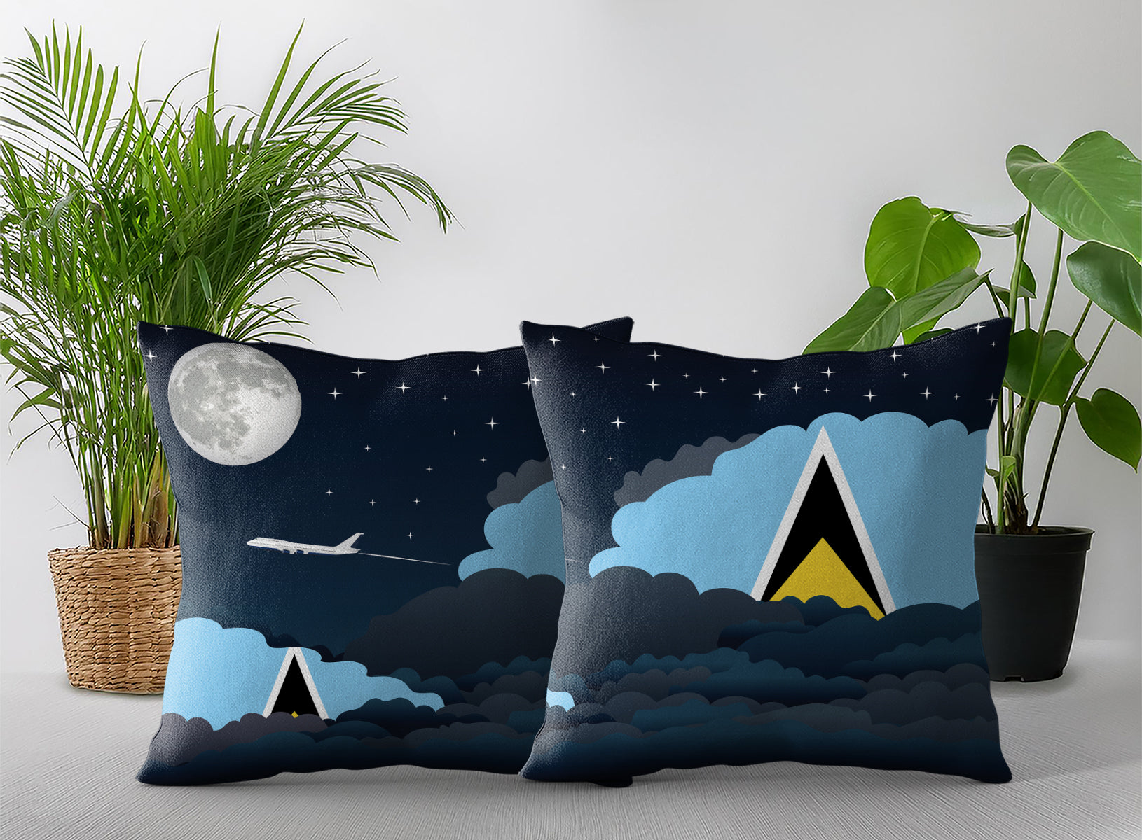 Saint Lucia World Airplane Night Clouds Square & Rectangle Pillow Cases | Aviation Night Sky Pillow Covers