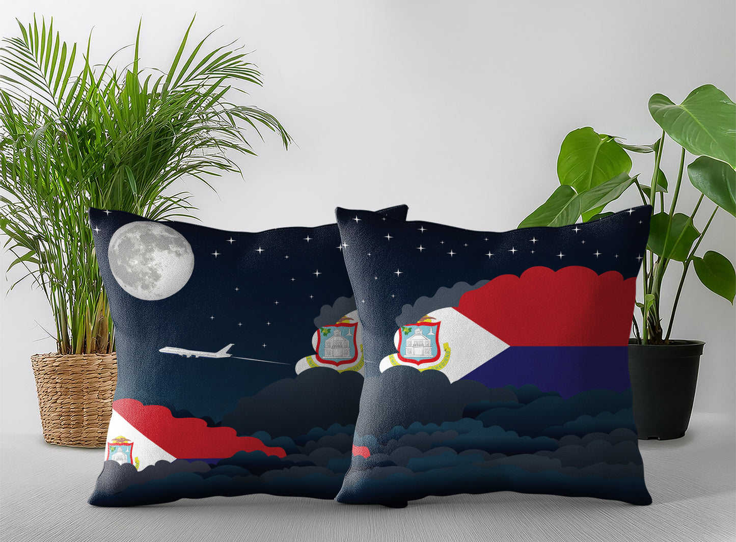 Saint Martin World Airplane Night Clouds Square & Rectangle Pillow Cases | Aviation Night Sky Pillow Covers