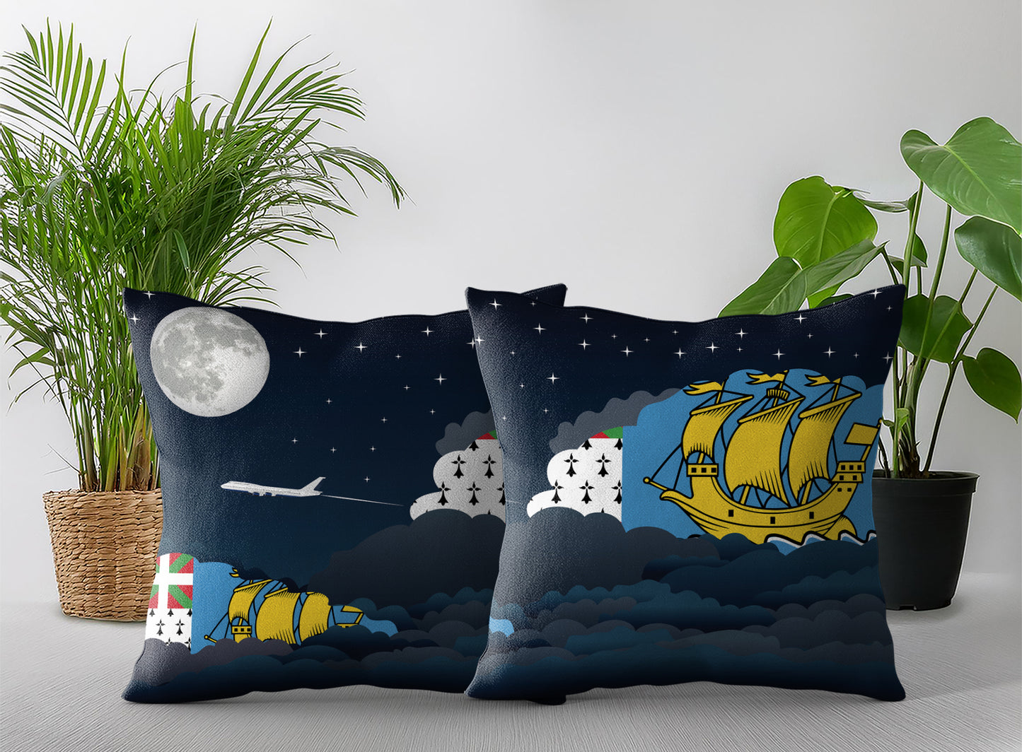Saint Pierre Case and Miquelon World Airplane Night Clouds Square & Rectangle Pillow Cases | Aviation Night Sky Pillow Covers