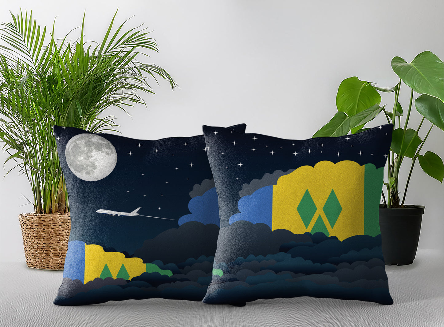 Saint Vincent Case and the Grenadines World Airplane Night Clouds Square & Rectangle Pillow Cases | Aviation Night Sky Pillow Covers