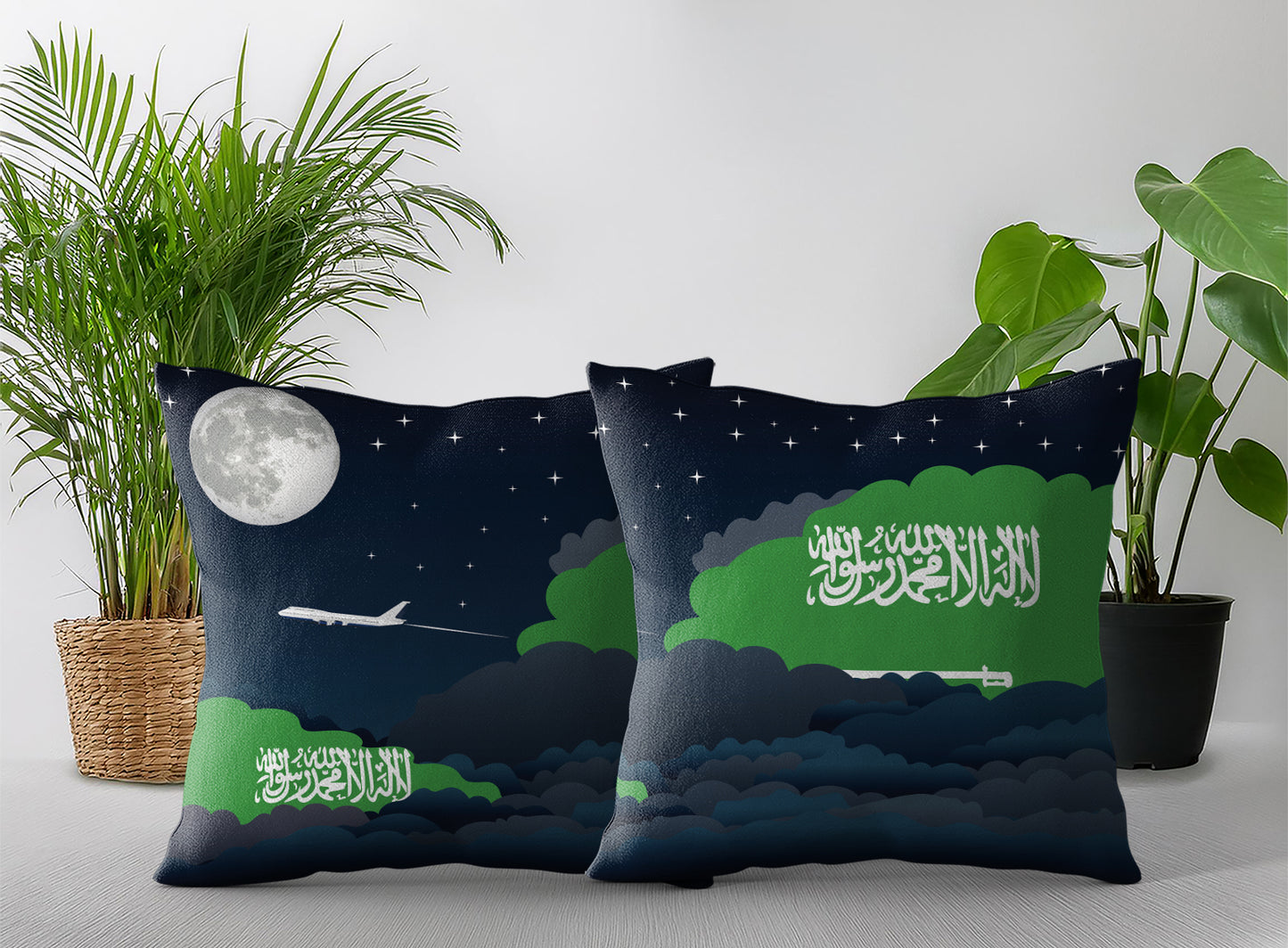 Saudi Arabia World Airplane Night Clouds Square & Rectangle Pillow Cases | Aviation Night Sky Pillow Covers