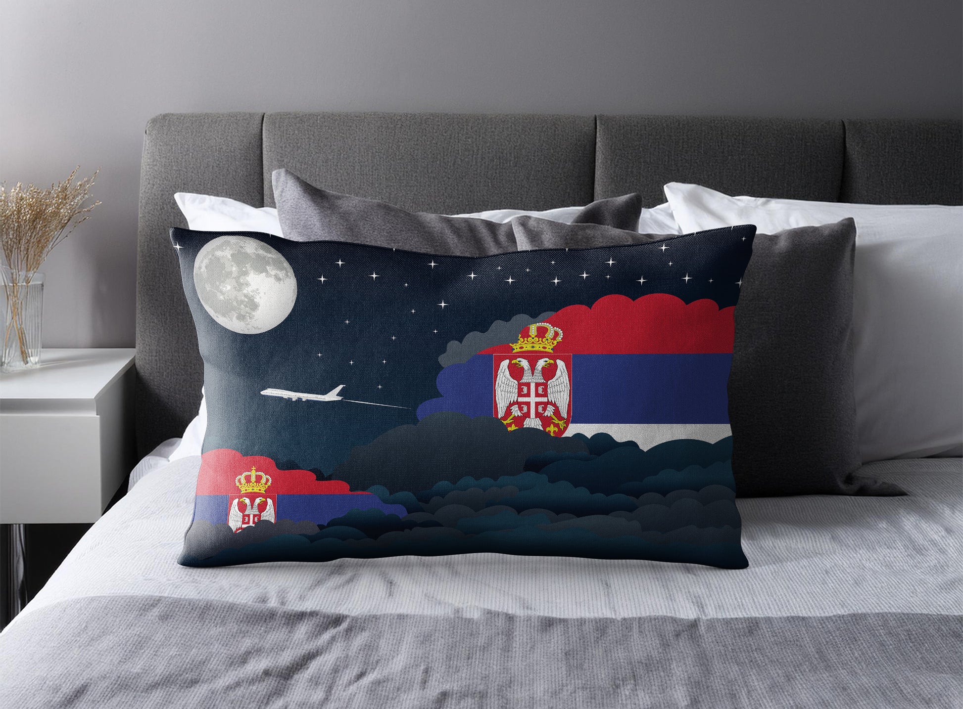 Serbia World Airplane Night Clouds Square & Rectangle Pillow Cases | Aviation Night Sky Pillow Covers