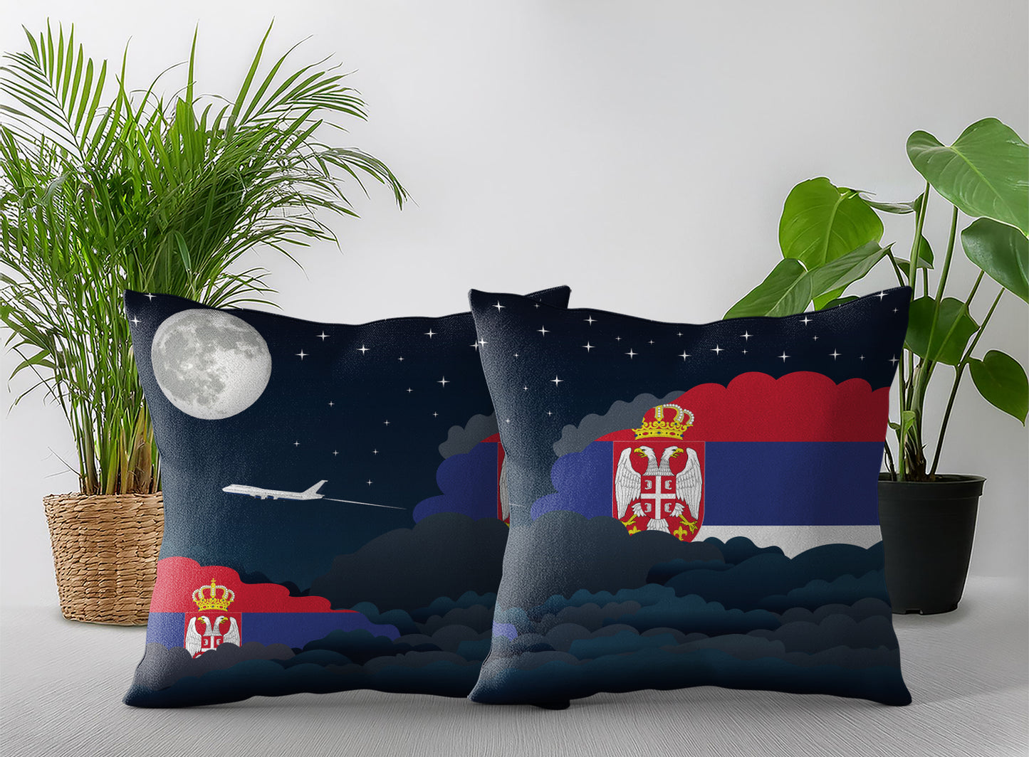 Serbia World Airplane Night Clouds Square & Rectangle Pillow Cases | Aviation Night Sky Pillow Covers