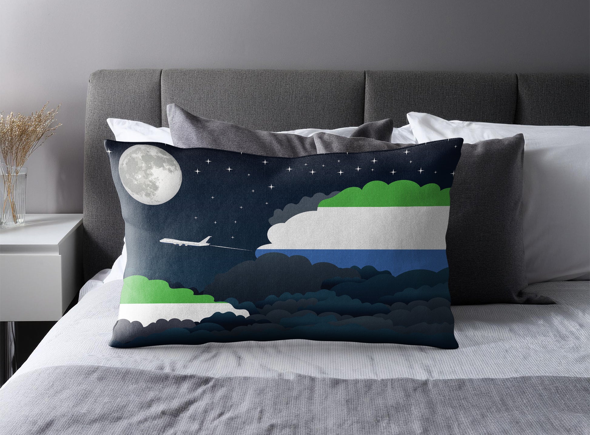 Sierra Leone World Airplane Night Clouds Square & Rectangle Pillow Cases | Aviation Night Sky Pillow Covers