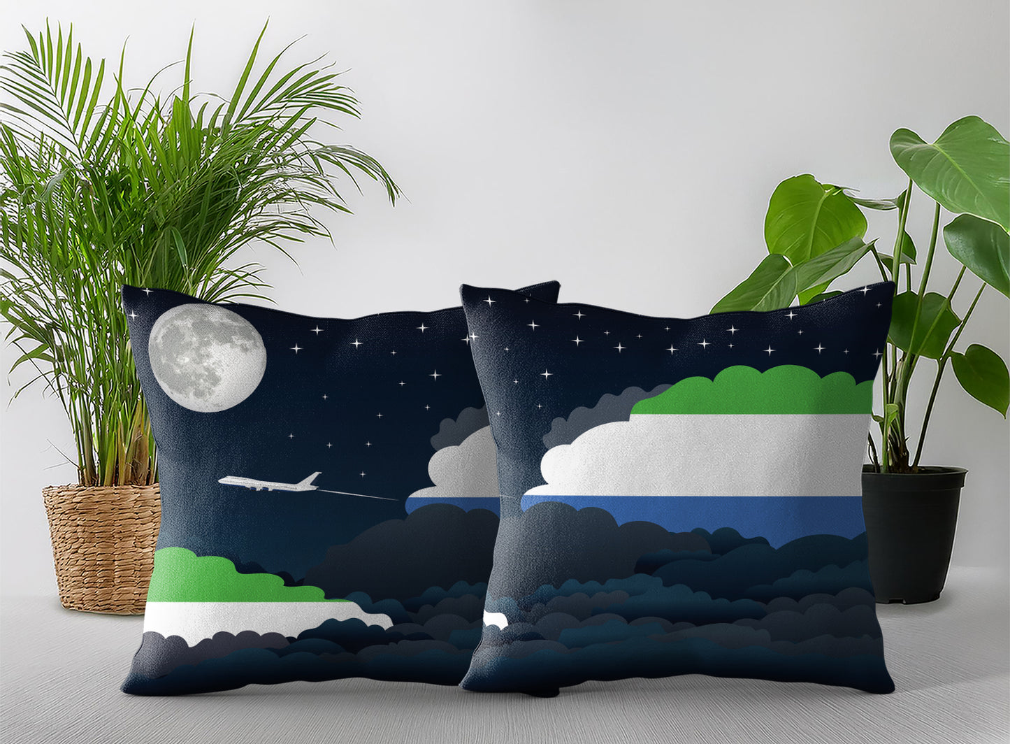 Sierra Leone World Airplane Night Clouds Square & Rectangle Pillow Cases | Aviation Night Sky Pillow Covers