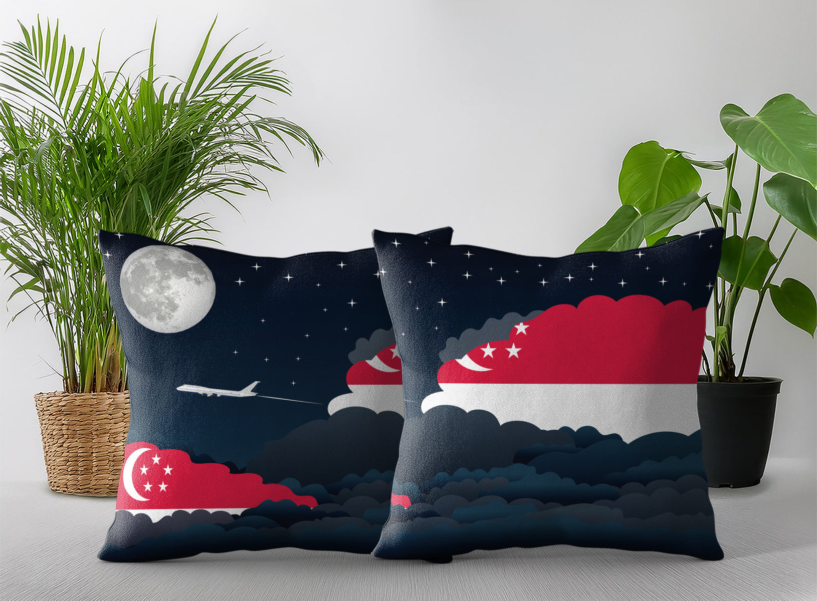 Singapore World Airplane Night Clouds Square & Rectangle Pillow Cases | Aviation Night Sky Pillow Covers