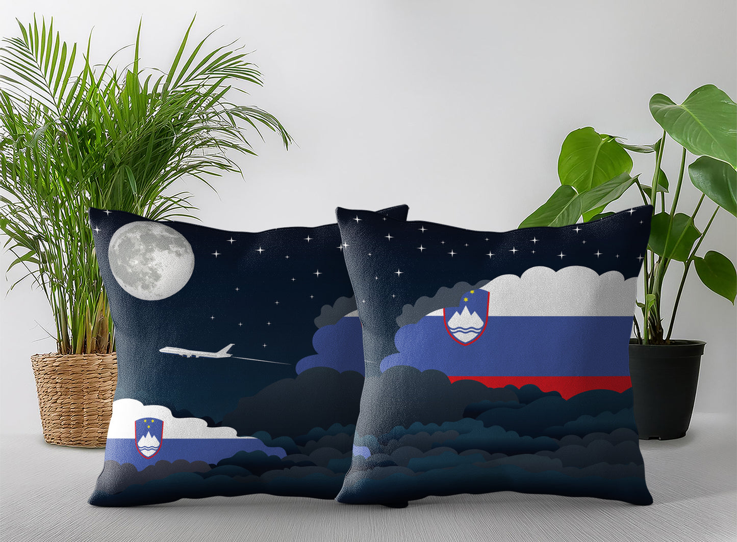 Slovenia World Airplane Night Clouds Square & Rectangle Pillow Cases | Aviation Night Sky Pillow Covers