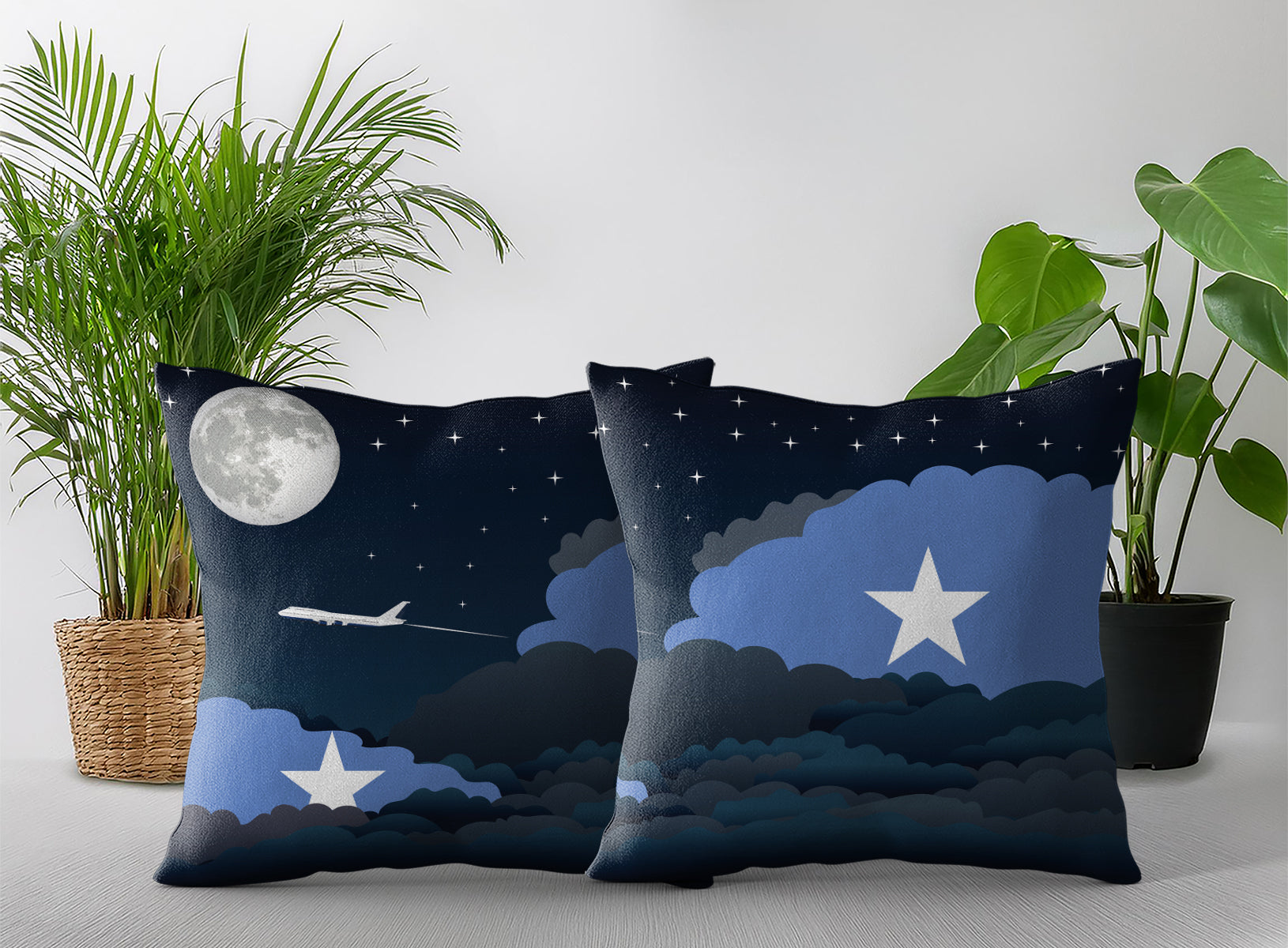 Somalia World Airplane Night Clouds Square & Rectangle Pillow Cases | Aviation Night Sky Pillow Covers