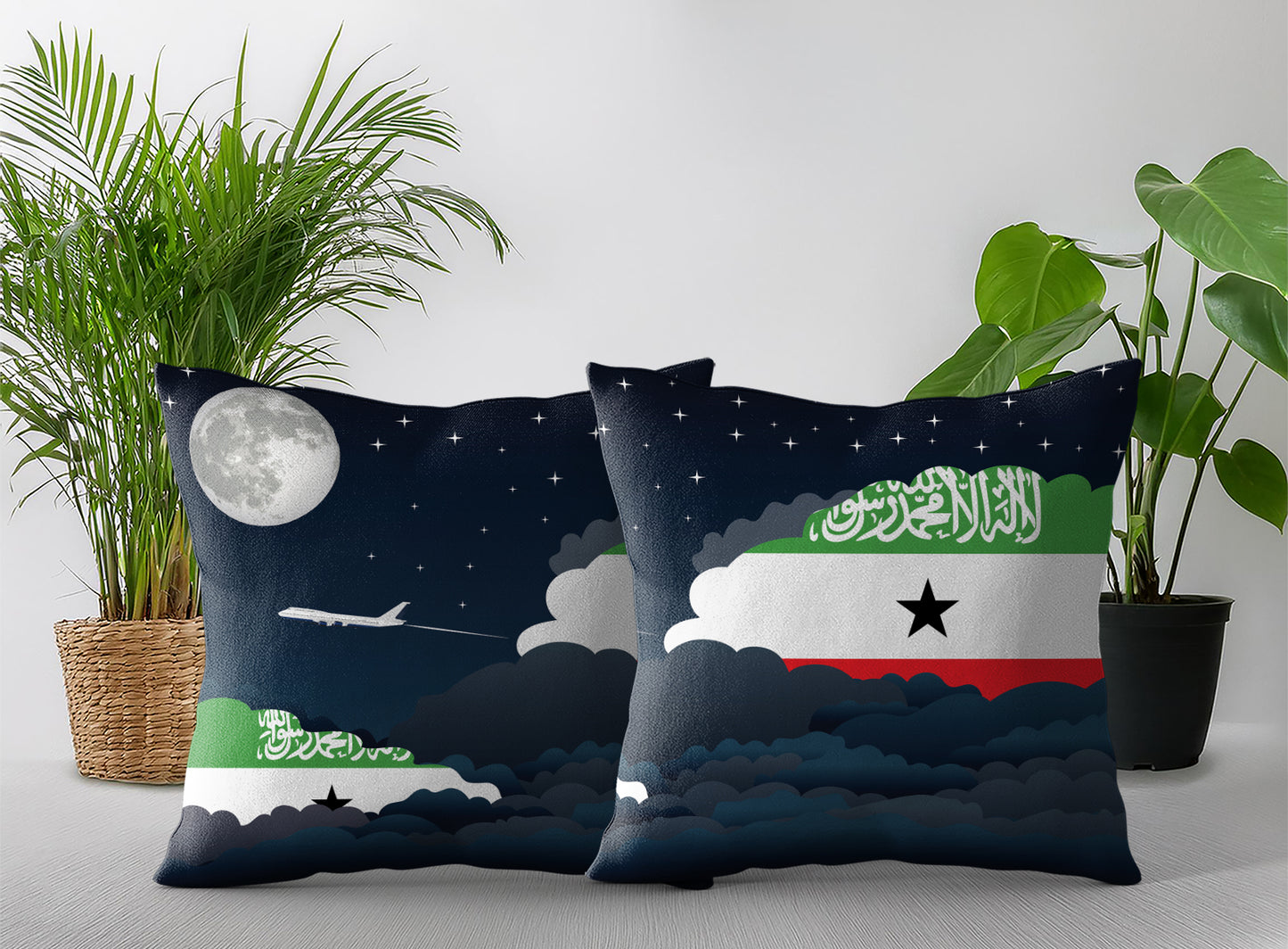 Somaliland World Airplane Night Clouds Square & Rectangle Pillow Cases | Aviation Night Sky Pillow Covers
