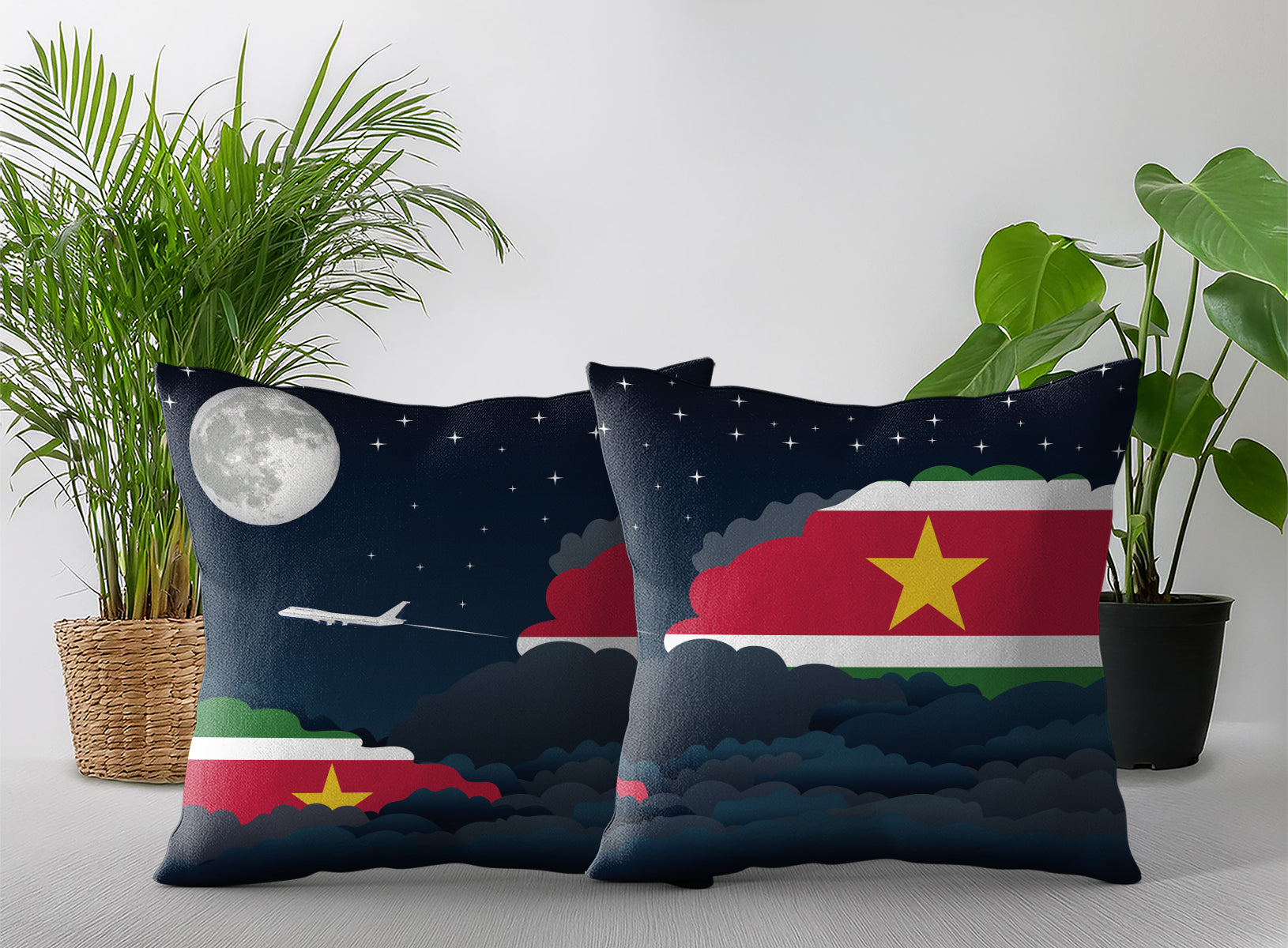 Suriname World Airplane Night Clouds Square & Rectangle Pillow Cases | Aviation Night Sky Pillow Covers