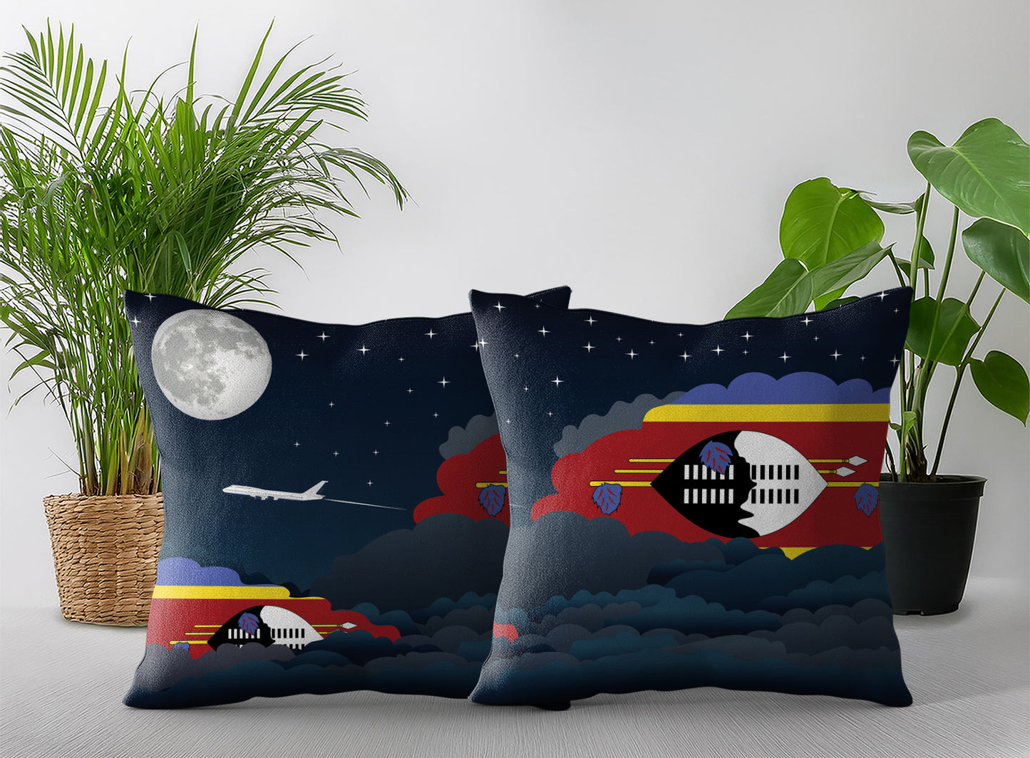 Swaziland World Airplane Night Clouds Square & Rectangle Pillow Cases | Aviation Night Sky Pillow Covers