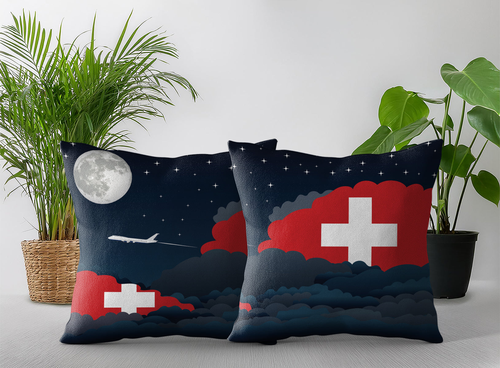 Switzerland World Airplane Night Clouds Square & Rectangle Pillow Cases | Aviation Night Sky Pillow Covers