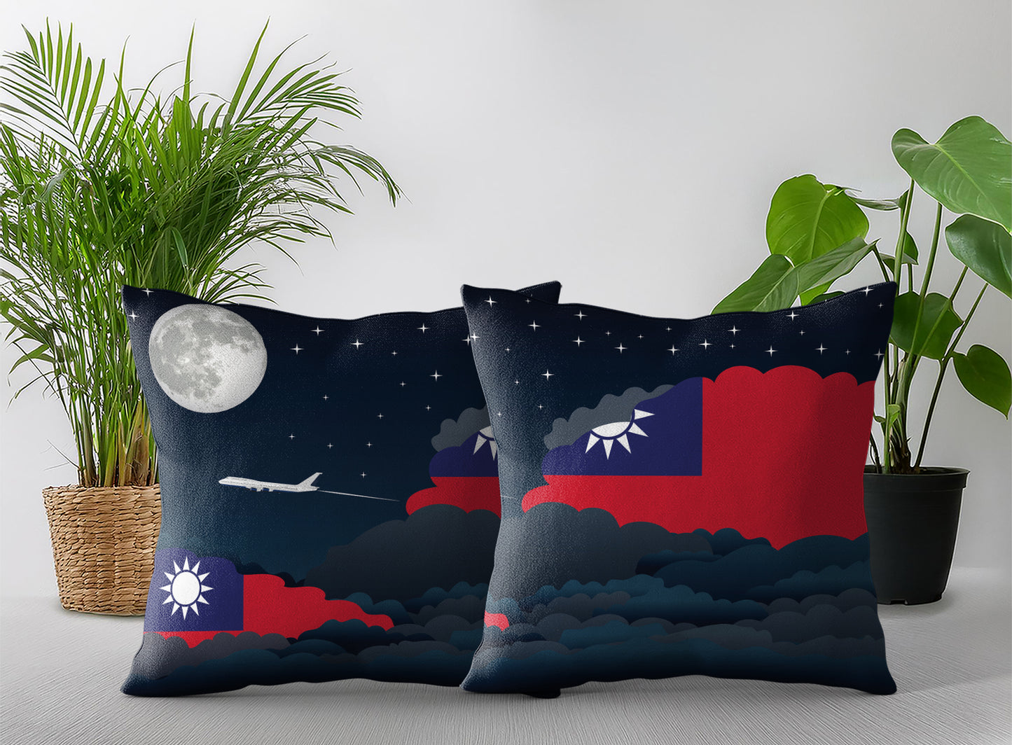 Taiwan World Airplane Night Clouds Square & Rectangle Pillow Cases | Aviation Night Sky Pillow Covers