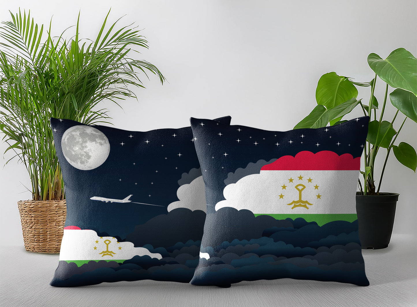 Tajikistan World Airplane Night Clouds Square & Rectangle Pillow Cases | Aviation Night Sky Pillow Covers