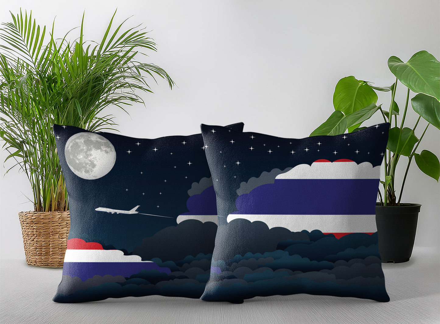 Thailand World Airplane Night Clouds Square & Rectangle Pillow Cases | Aviation Night Sky Pillow Covers