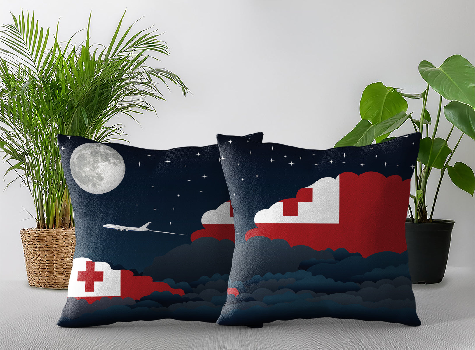 Tonga World Airplane Night Clouds Square & Rectangle Pillow Cases | Aviation Night Sky Pillow Covers