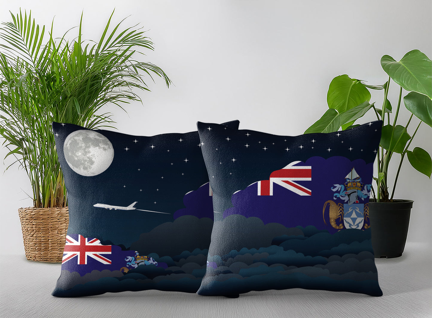 Tristan da Cunha World Airplane Night Clouds Square & Rectangle Pillow Cases | Aviation Night Sky Pillow Covers