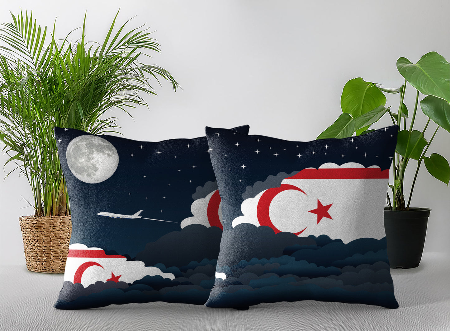 Turkish Republic of Northern Cyprus World Airplane Night Clouds Square & Rectangle Pillow Cases | Aviation Night Sky Pillow Covers