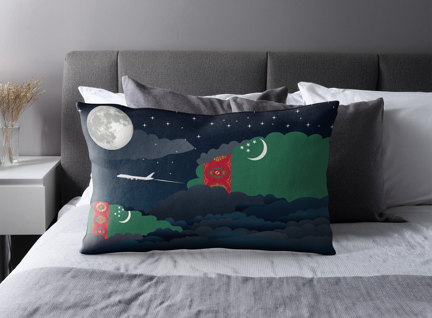 Turkmenistan World Airplane Night Clouds Square & Rectangle Pillow Cases | Aviation Night Sky Pillow Covers