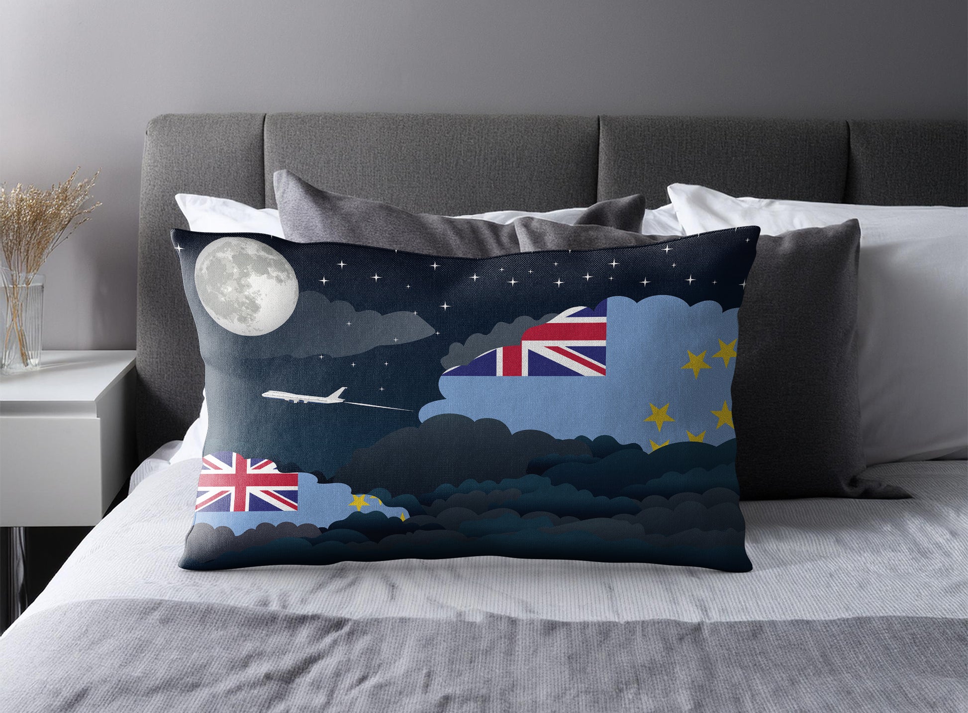 Tuvalu World Airplane Night Clouds Square & Rectangle Pillow Cases | Aviation Night Sky Pillow Covers