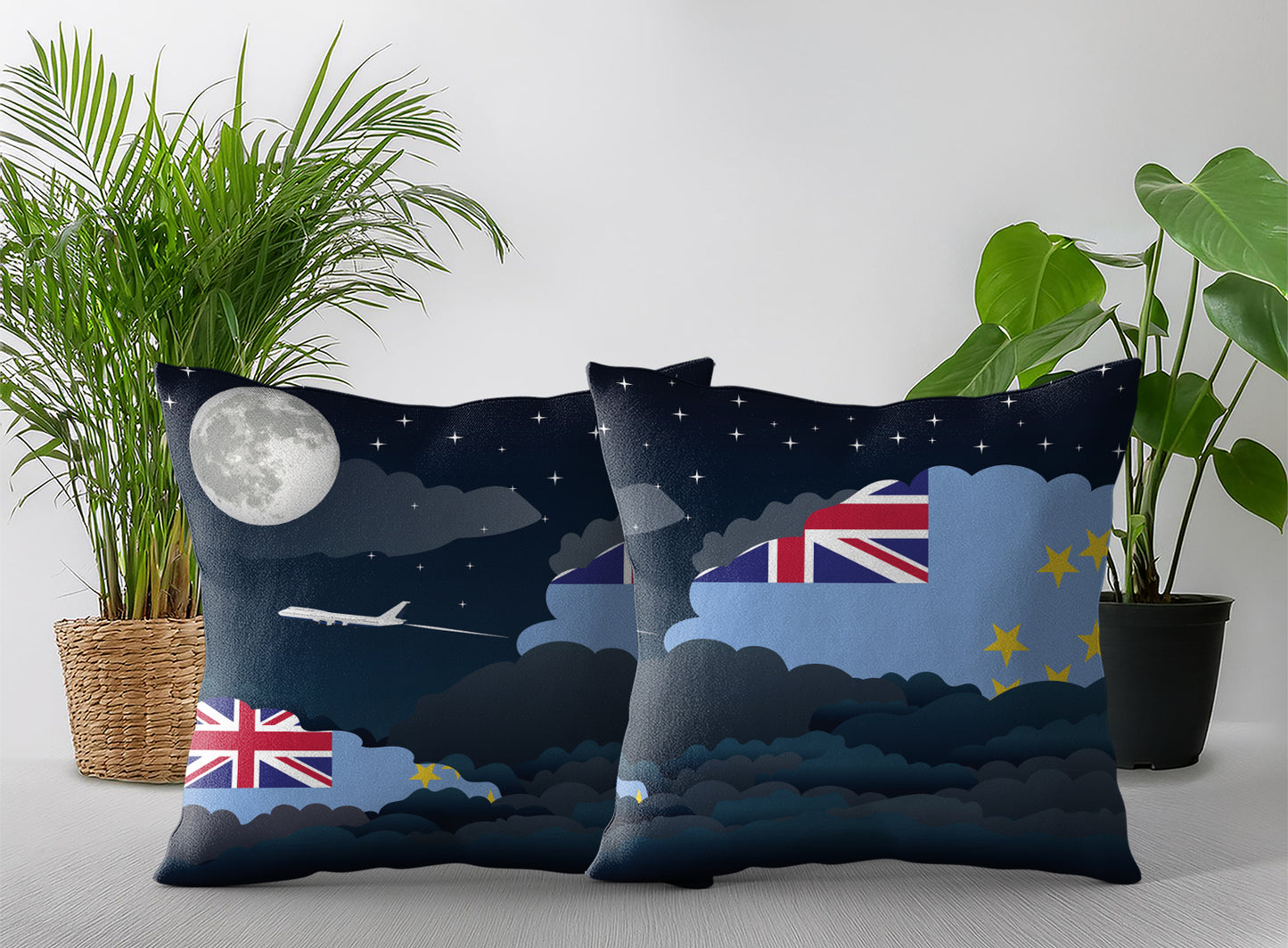 Tuvalu World Airplane Night Clouds Square & Rectangle Pillow Cases | Aviation Night Sky Pillow Covers