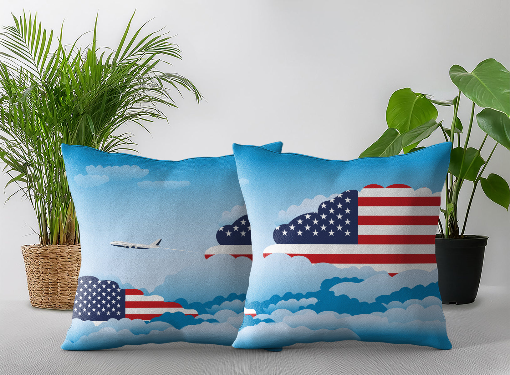 USA World Airplane Day Clouds Square & Rectangle Pillow Cases | Aviation Decorative Pillow Covers