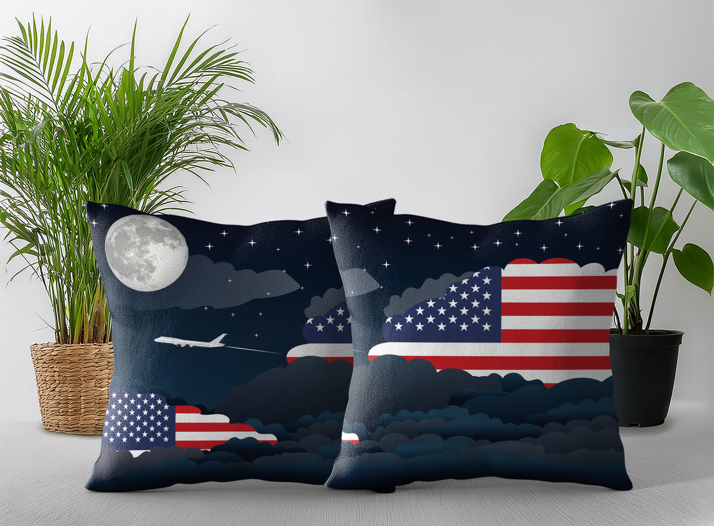 USA World Airplane Night Clouds Square & Rectangle Pillow Cases | Aviation Night Sky Pillow Covers